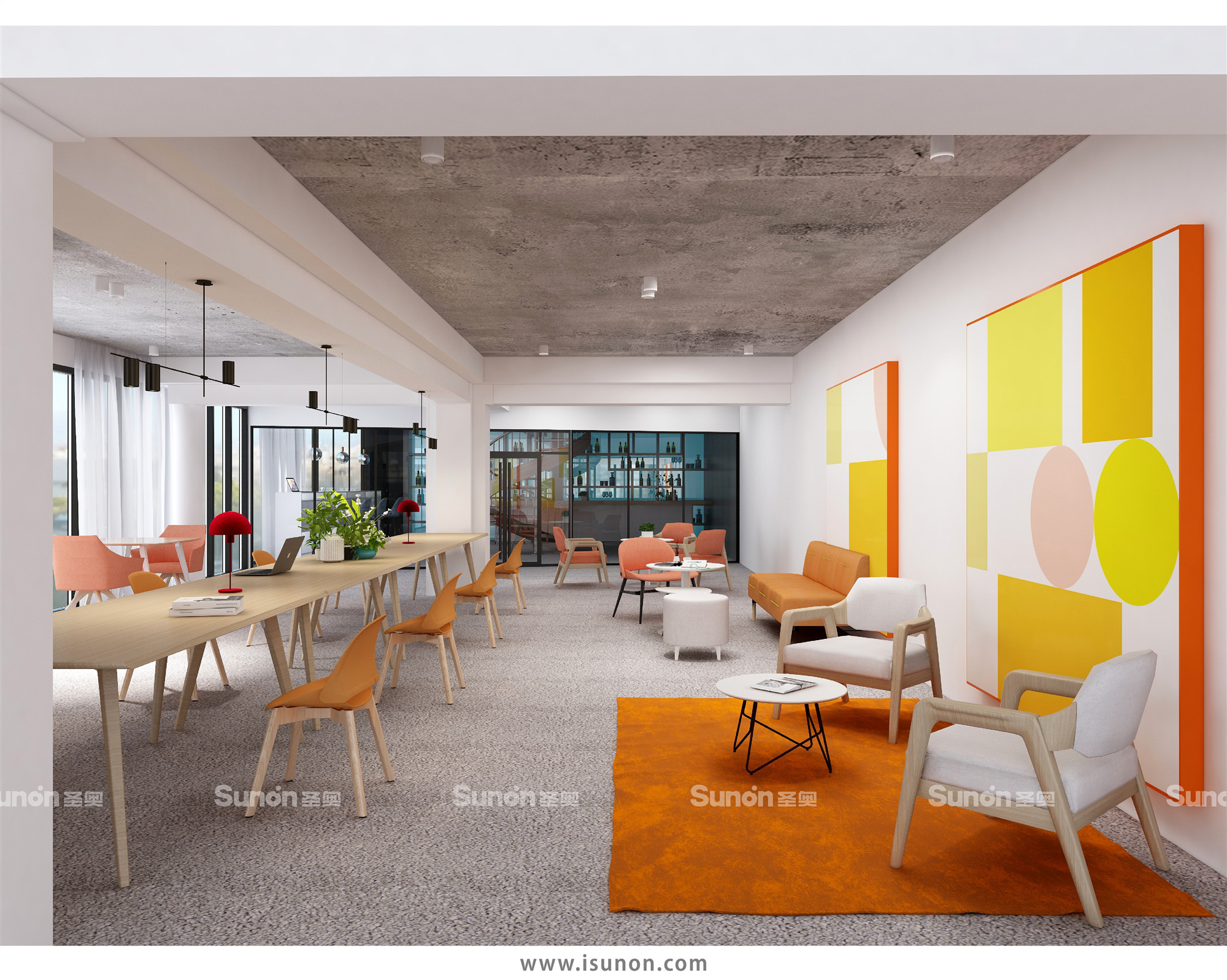 圣奥设计打造的橙色系休闲洽谈空间